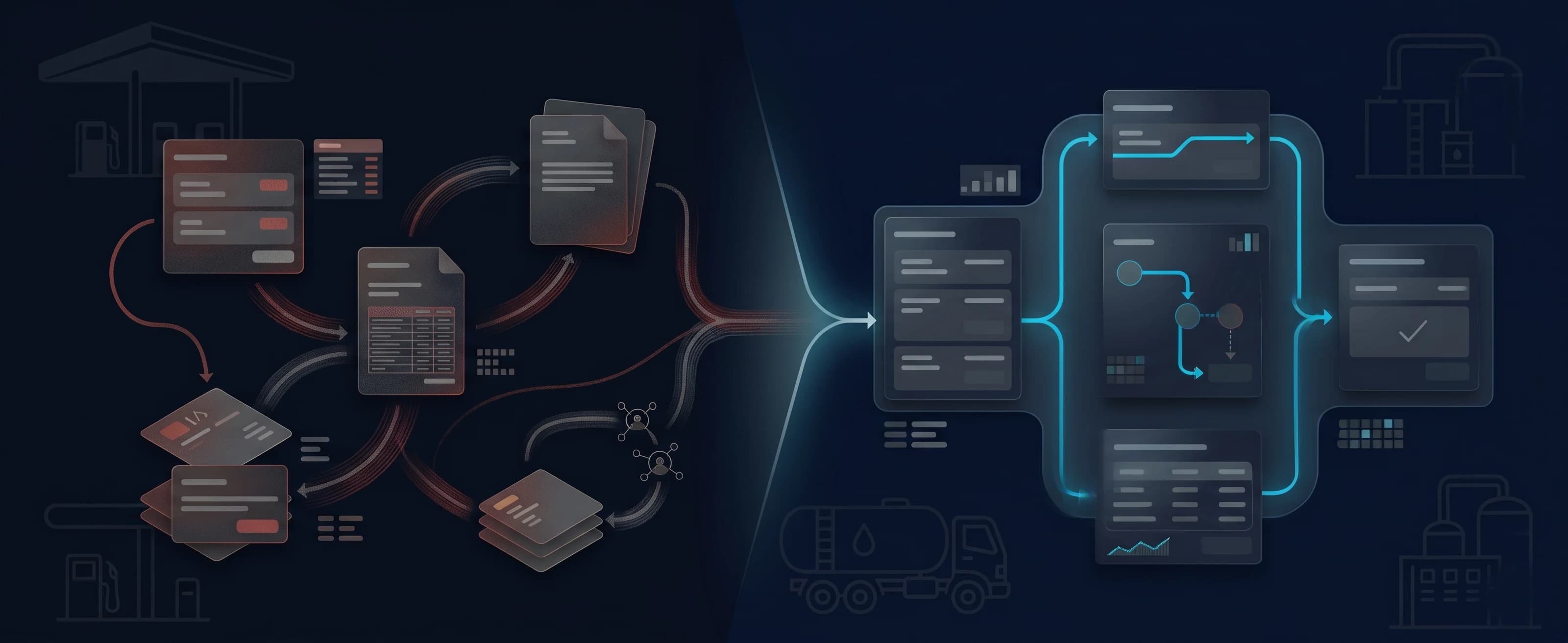 Comparison showing manual WhatsApp operations vs. structured digital B2B fuel workflows