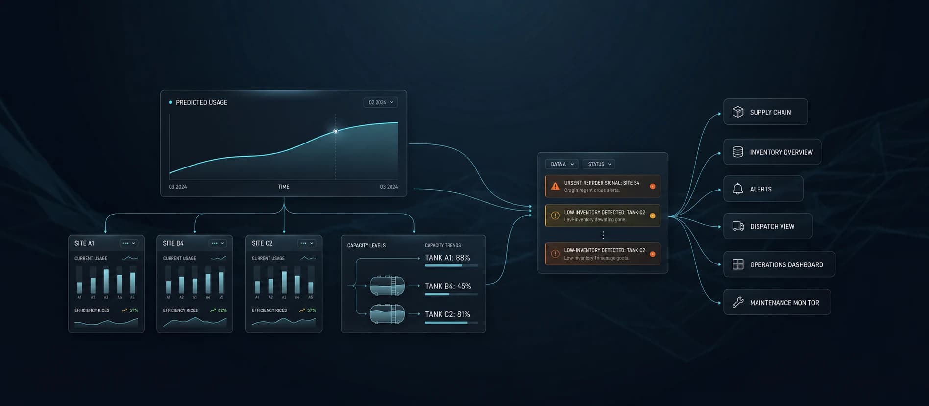 Fuel Center B2B intelligent fuel telemetry mockup showing tank level alerts and AI usage analysis